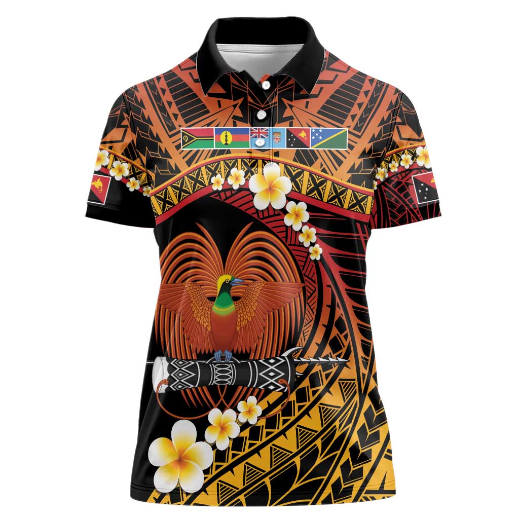 Melanesian Papua New Guinea Women Polo Shirt Plumeria Bird of Paradise Tribal