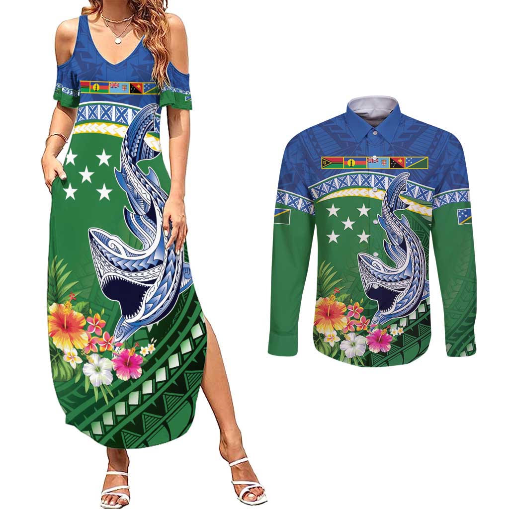 Melanesian Solomon Islands Couples Matching Summer Maxi Dress and Long Sleeve Button Shirt Tropical Shark Tattoo