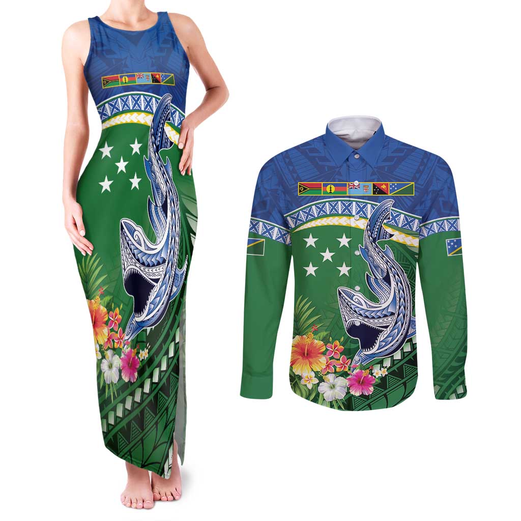 Melanesian Solomon Islands Couples Matching Tank Maxi Dress and Long Sleeve Button Shirt Tropical Shark Tattoo