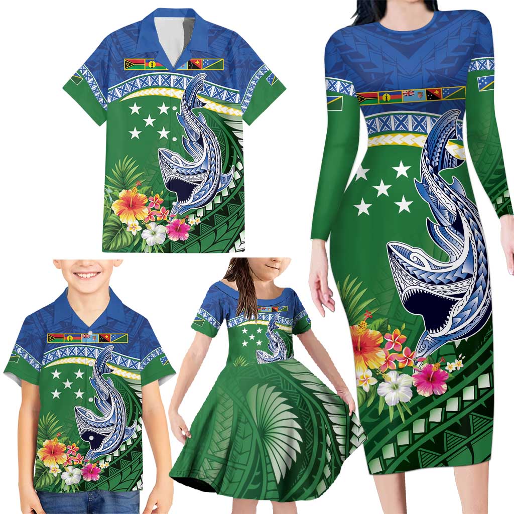 Melanesian Solomon Islands Family Matching Long Sleeve Bodycon Dress and Hawaiian Shirt Tropical Shark Tattoo