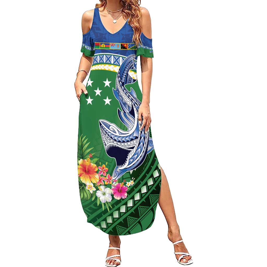Melanesian Solomon Islands Family Matching Summer Maxi Dress and Hawaiian Shirt Tropical Shark Tattoo