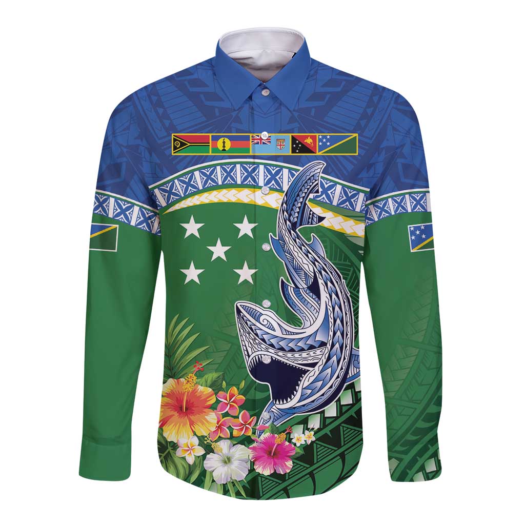 Melanesian Solomon Islands Long Sleeve Button Shirt Tropical Shark Tattoo