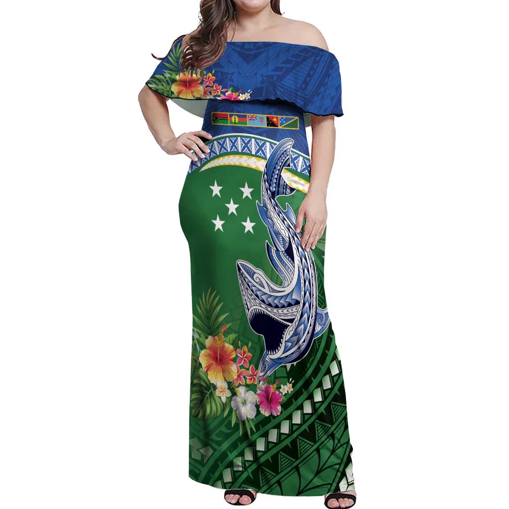 Melanesian Solomon Islands Off Shoulder Maxi Dress Tropical Shark Tattoo