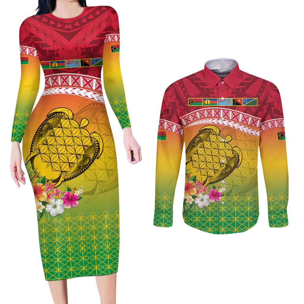Melanesian Ni-Vanuatu Couples Matching Long Sleeve Bodycon Dress and Long Sleeve Button Shirt Sea Turtle with Sand Drawing Pattern LT9 Reggae - Polynesian Pride