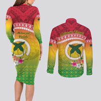Melanesian Ni-Vanuatu Couples Matching Long Sleeve Bodycon Dress and Long Sleeve Button Shirt Sea Turtle with Sand Drawing Pattern LT9 - Polynesian Pride