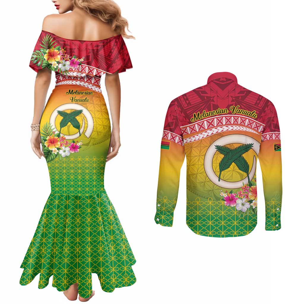Melanesian Ni-Vanuatu Couples Matching Mermaid Dress and Long Sleeve Button Shirt Sea Turtle with Sand Drawing Pattern LT9 - Polynesian Pride