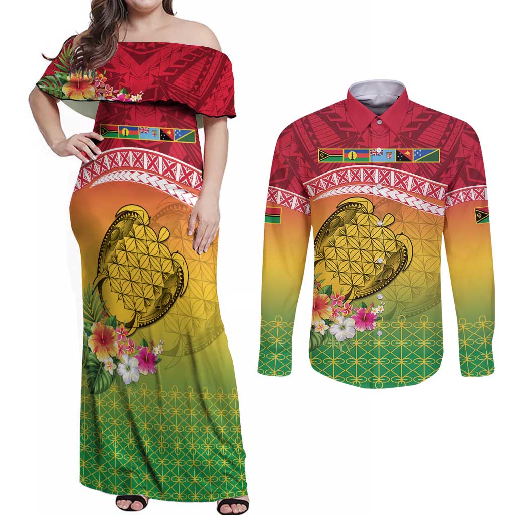 Melanesian Ni-Vanuatu Couples Matching Off Shoulder Maxi Dress and Long Sleeve Button Shirt Sea Turtle with Sand Drawing Pattern LT9 Reggae - Polynesian Pride