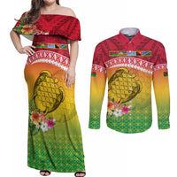 Melanesian Ni-Vanuatu Couples Matching Off Shoulder Maxi Dress and Long Sleeve Button Shirt Sea Turtle with Sand Drawing Pattern LT9 Reggae - Polynesian Pride