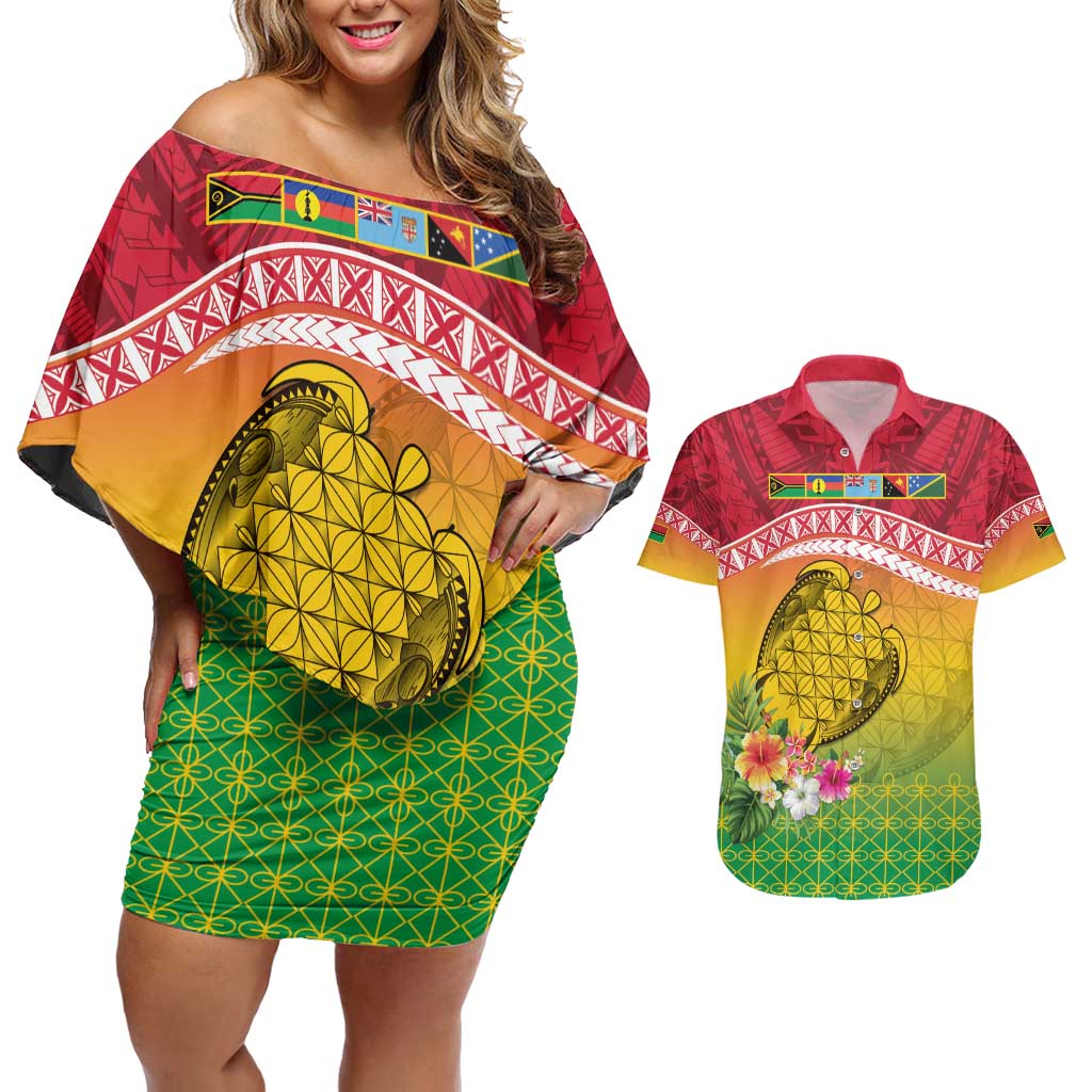 Melanesian Ni-Vanuatu Couples Matching Off Shoulder Short Dress and Hawaiian Shirt Sea Turtle with Sand Drawing Pattern LT9 Reggae - Polynesian Pride