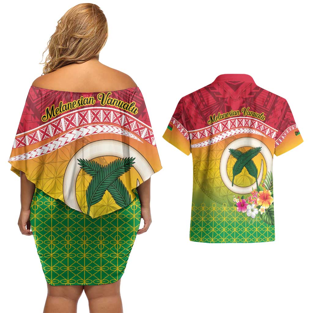 Melanesian Ni-Vanuatu Couples Matching Off Shoulder Short Dress and Hawaiian Shirt Sea Turtle with Sand Drawing Pattern LT9 - Polynesian Pride