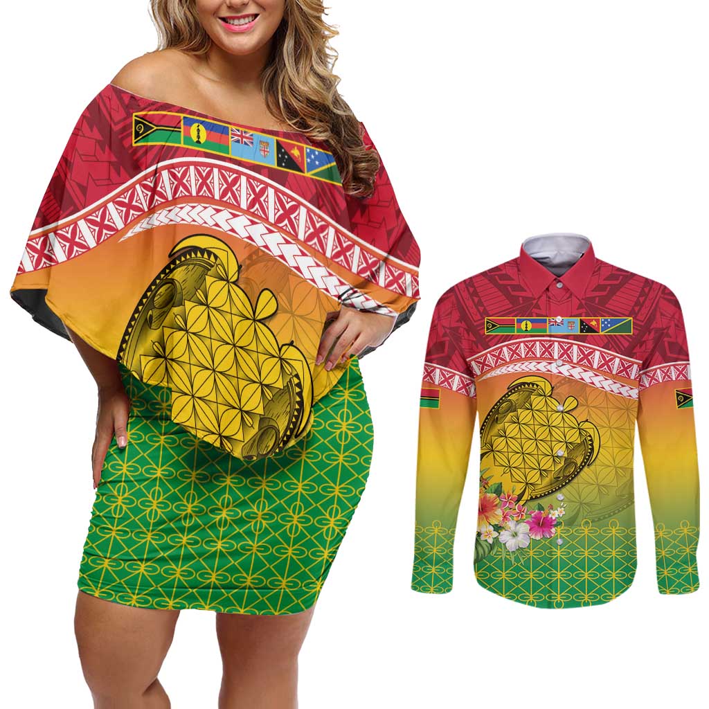 Melanesian Ni-Vanuatu Couples Matching Off Shoulder Short Dress and Long Sleeve Button Shirt Sea Turtle with Sand Drawing Pattern LT9 Reggae - Polynesian Pride
