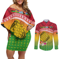 Melanesian Ni-Vanuatu Couples Matching Off Shoulder Short Dress and Long Sleeve Button Shirt Sea Turtle with Sand Drawing Pattern LT9 Reggae - Polynesian Pride
