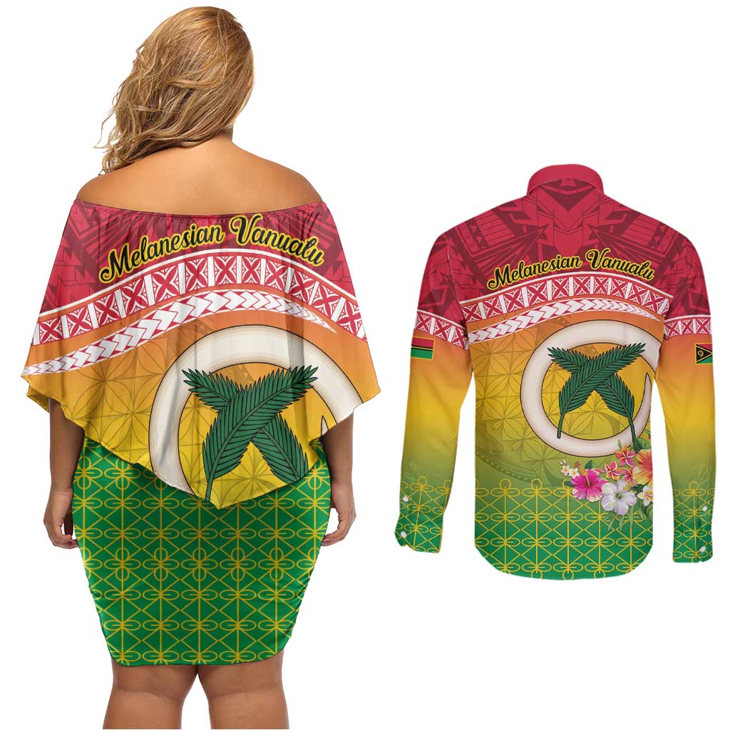 Melanesian Ni-Vanuatu Couples Matching Off Shoulder Short Dress and Long Sleeve Button Shirt Sea Turtle with Sand Drawing Pattern LT9 - Polynesian Pride
