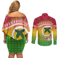 Melanesian Ni-Vanuatu Couples Matching Off Shoulder Short Dress and Long Sleeve Button Shirt Sea Turtle with Sand Drawing Pattern LT9 - Polynesian Pride