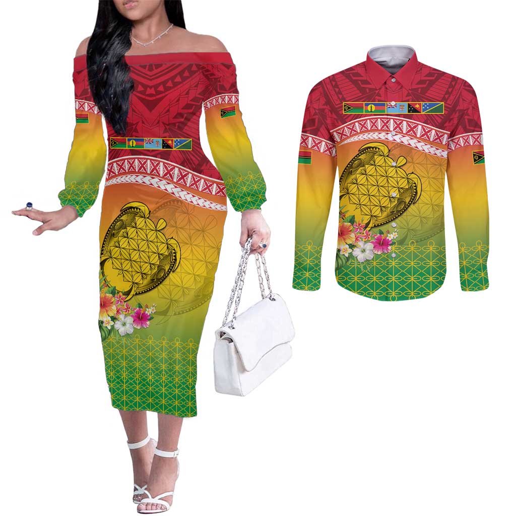 Melanesian Ni-Vanuatu Couples Matching Off The Shoulder Long Sleeve Dress and Long Sleeve Button Shirt Sea Turtle with Sand Drawing Pattern LT9 Reggae - Polynesian Pride