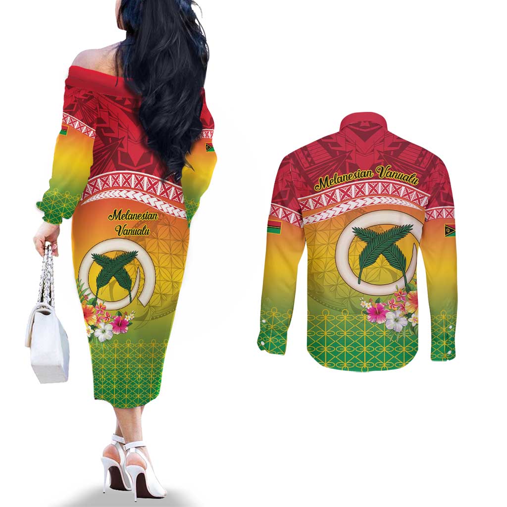 Melanesian Ni-Vanuatu Couples Matching Off The Shoulder Long Sleeve Dress and Long Sleeve Button Shirt Sea Turtle with Sand Drawing Pattern LT9 - Polynesian Pride