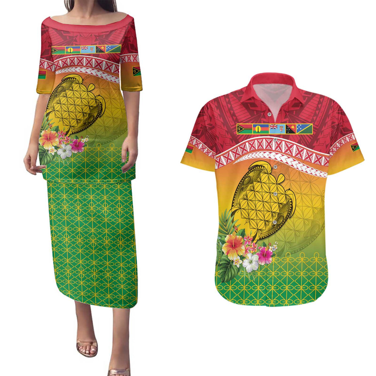 Melanesian Ni-Vanuatu Couples Matching Puletasi and Hawaiian Shirt Sea Turtle with Sand Drawing Pattern LT9 Reggae - Polynesian Pride