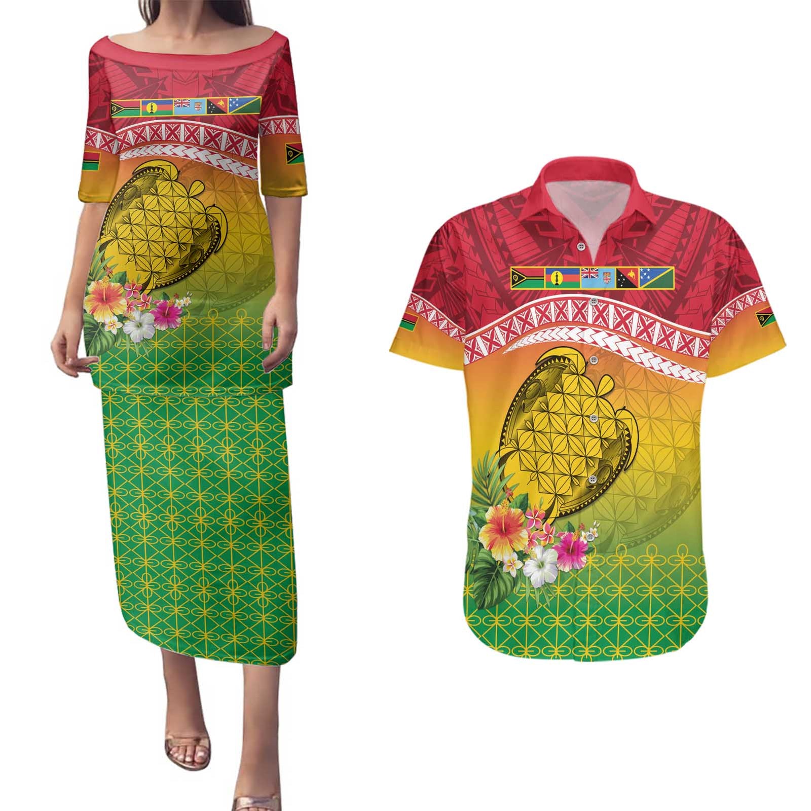 Melanesian Ni-Vanuatu Couples Matching Puletasi and Hawaiian Shirt Sea Turtle with Sand Drawing Pattern LT9 Reggae - Polynesian Pride