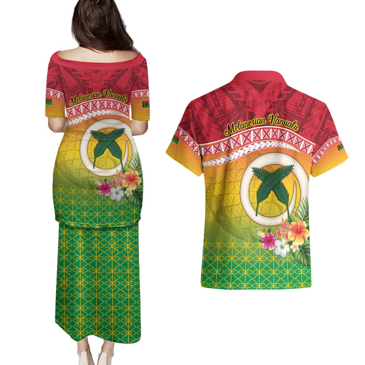 Melanesian Ni-Vanuatu Couples Matching Puletasi and Hawaiian Shirt Sea Turtle with Sand Drawing Pattern LT9 - Polynesian Pride