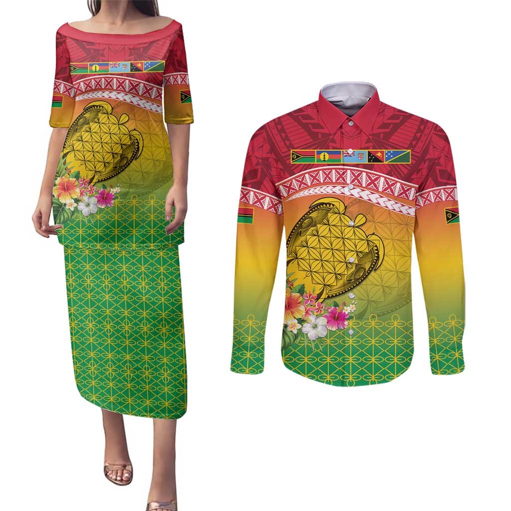 Melanesian Ni-Vanuatu Couples Matching Puletasi and Long Sleeve Button Shirt Sea Turtle with Sand Drawing Pattern LT9 Reggae - Polynesian Pride