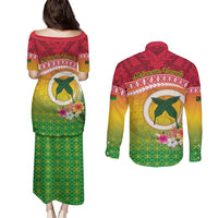 Melanesian Ni-Vanuatu Couples Matching Puletasi and Long Sleeve Button Shirt Sea Turtle with Sand Drawing Pattern LT9 - Polynesian Pride