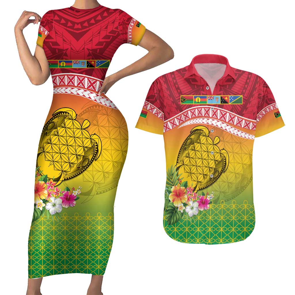 Melanesian Ni-Vanuatu Couples Matching Short Sleeve Bodycon Dress and Hawaiian Shirt Sea Turtle with Sand Drawing Pattern LT9 Reggae - Polynesian Pride