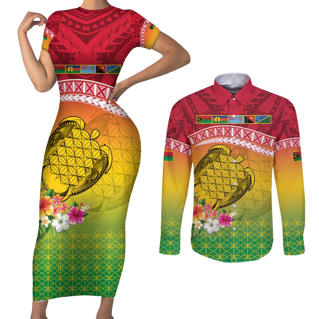 Melanesian Ni-Vanuatu Couples Matching Short Sleeve Bodycon Dress and Long Sleeve Button Shirt Sea Turtle with Sand Drawing Pattern LT9 Reggae - Polynesian Pride