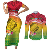 Melanesian Ni-Vanuatu Couples Matching Short Sleeve Bodycon Dress and Long Sleeve Button Shirt Sea Turtle with Sand Drawing Pattern LT9 Reggae - Polynesian Pride