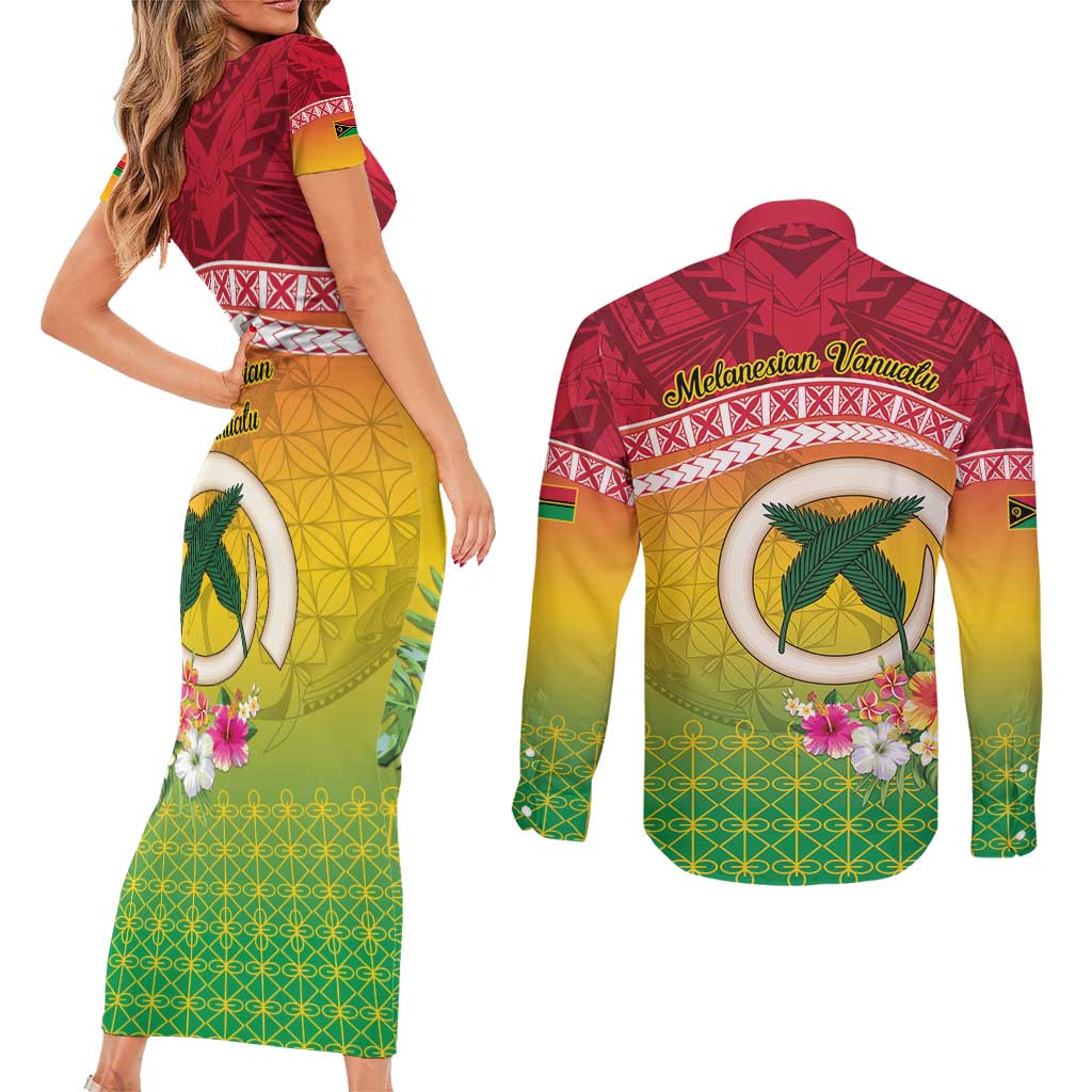 Melanesian Ni-Vanuatu Couples Matching Short Sleeve Bodycon Dress and Long Sleeve Button Shirt Sea Turtle with Sand Drawing Pattern LT9 - Polynesian Pride