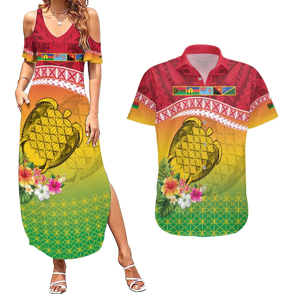 Melanesian Ni-Vanuatu Couples Matching Summer Maxi Dress and Hawaiian Shirt Sea Turtle with Sand Drawing Pattern LT9 Reggae - Polynesian Pride
