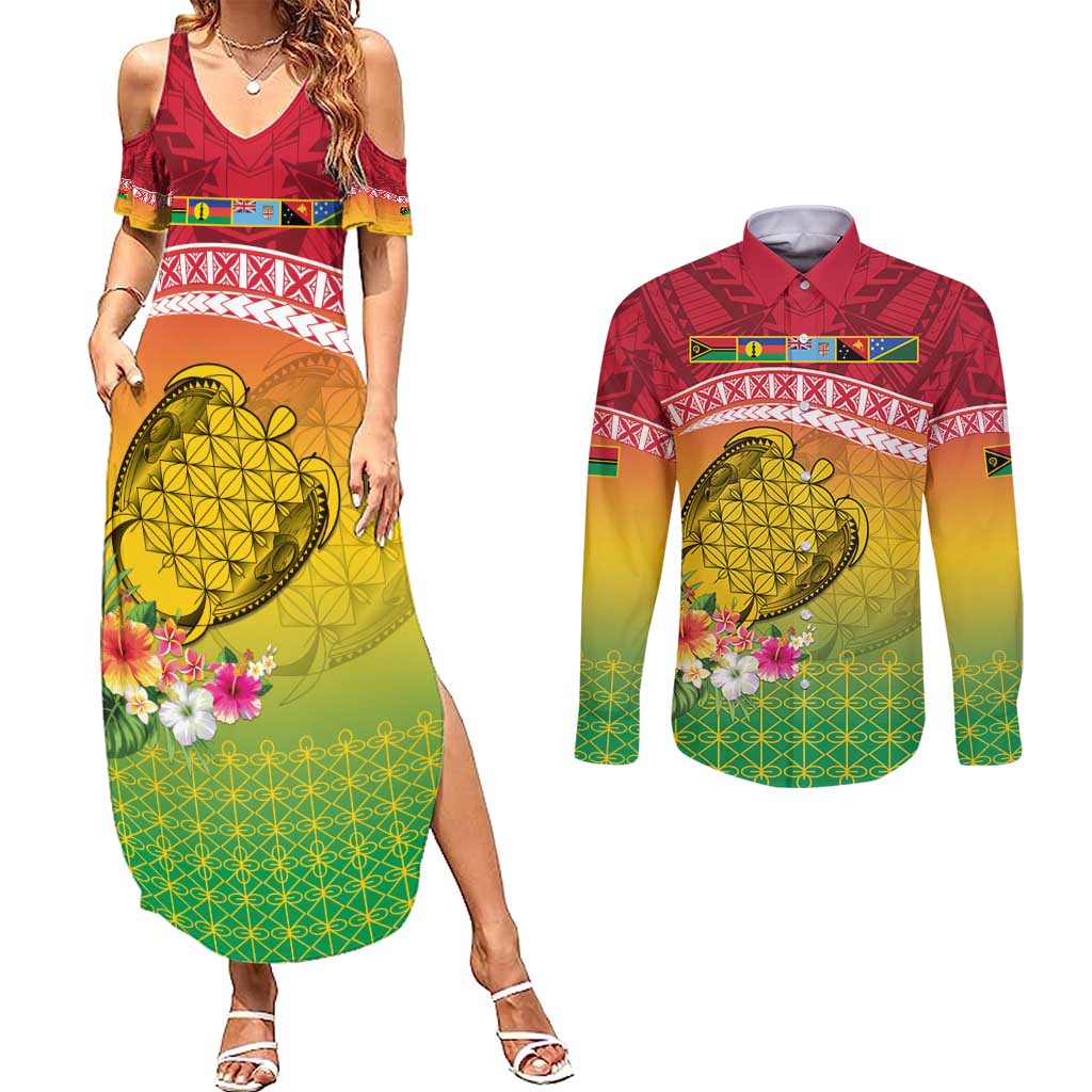 Melanesian Ni-Vanuatu Couples Matching Summer Maxi Dress and Long Sleeve Button Shirt Sea Turtle with Sand Drawing Pattern LT9 Reggae - Polynesian Pride