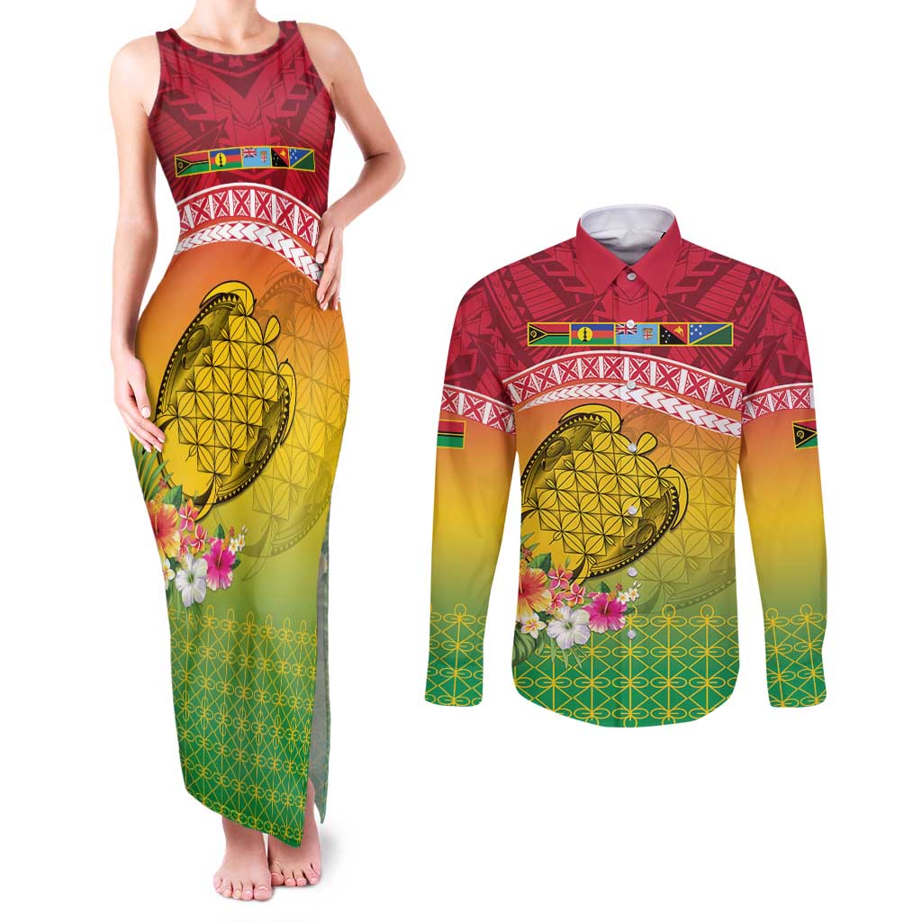 Melanesian Ni-Vanuatu Couples Matching Tank Maxi Dress and Long Sleeve Button Shirt Sea Turtle with Sand Drawing Pattern LT9 Reggae - Polynesian Pride