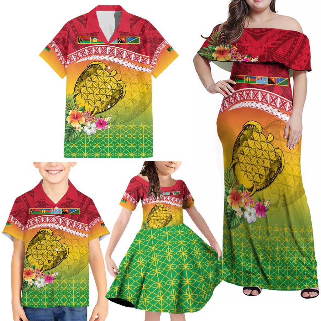 Melanesian Ni-Vanuatu Family Matching Off Shoulder Maxi Dress and Hawaiian Shirt Sea Turtle with Sand Drawing Pattern