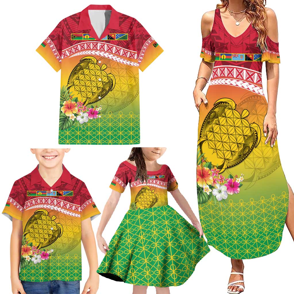 Melanesian Ni-Vanuatu Family Matching Summer Maxi Dress and Hawaiian Shirt Sea Turtle with Sand Drawing Pattern