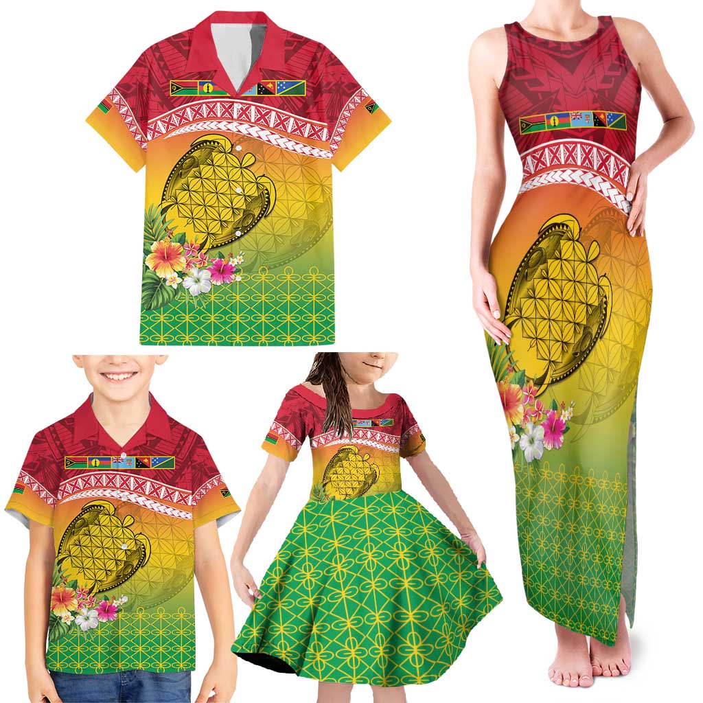 Melanesian Ni-Vanuatu Family Matching Tank Maxi Dress and Hawaiian Shirt Sea Turtle with Sand Drawing Pattern