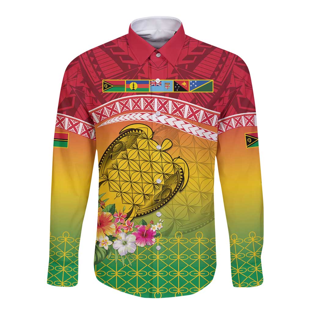 Melanesian Ni-Vanuatu Long Sleeve Button Shirt Sea Turtle with Sand Drawing Pattern