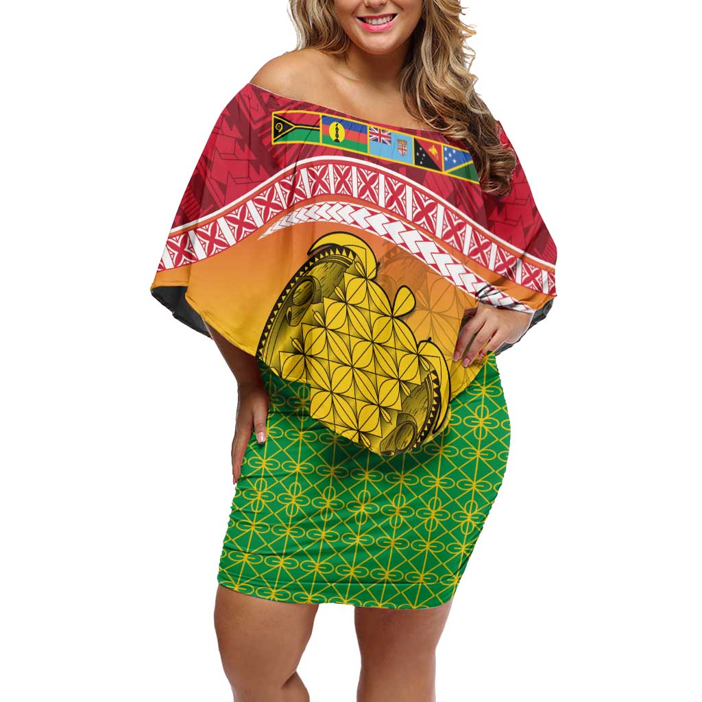 Melanesian Ni-Vanuatu Off Shoulder Short Dress Sea Turtle with Sand Drawing Pattern