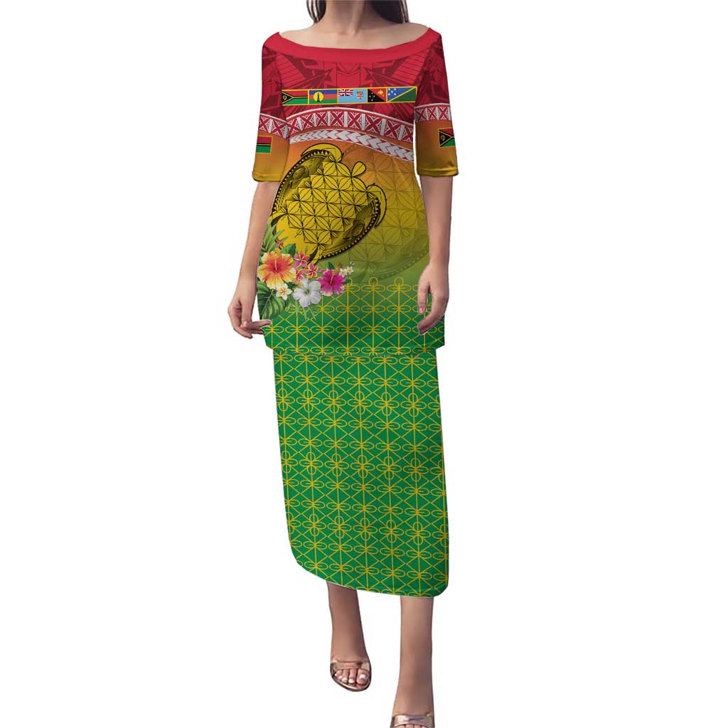 Melanesian Ni-Vanuatu Puletasi Sea Turtle with Sand Drawing Pattern LT9 Long Dress Reggae - Polynesian Pride