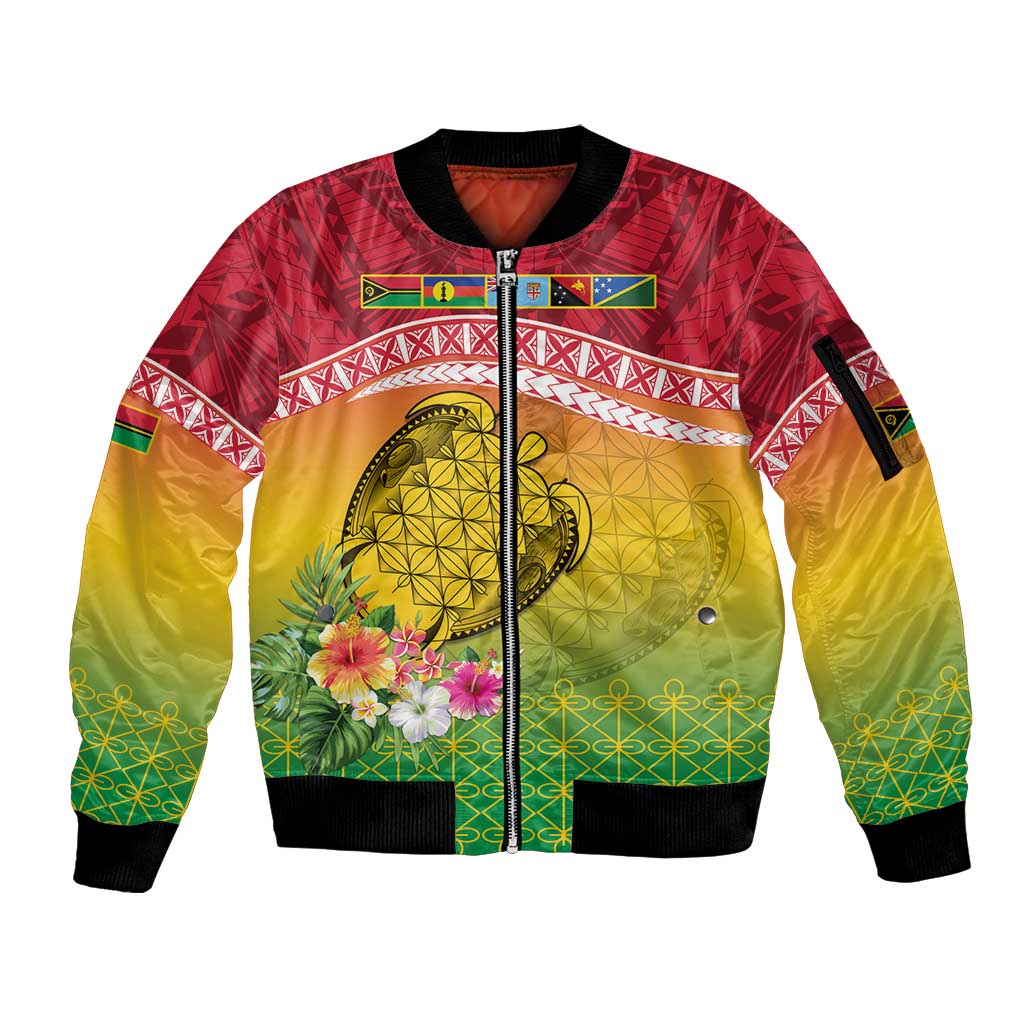 Melanesian Ni-Vanuatu Sleeve Zip Bomber Jacket Sea Turtle with Sand Drawing Pattern