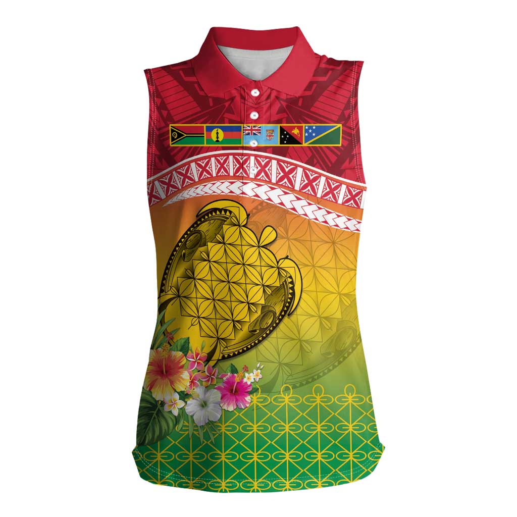 Melanesian Ni-Vanuatu Women Sleeveless Polo Shirt Sea Turtle with Sand Drawing Pattern