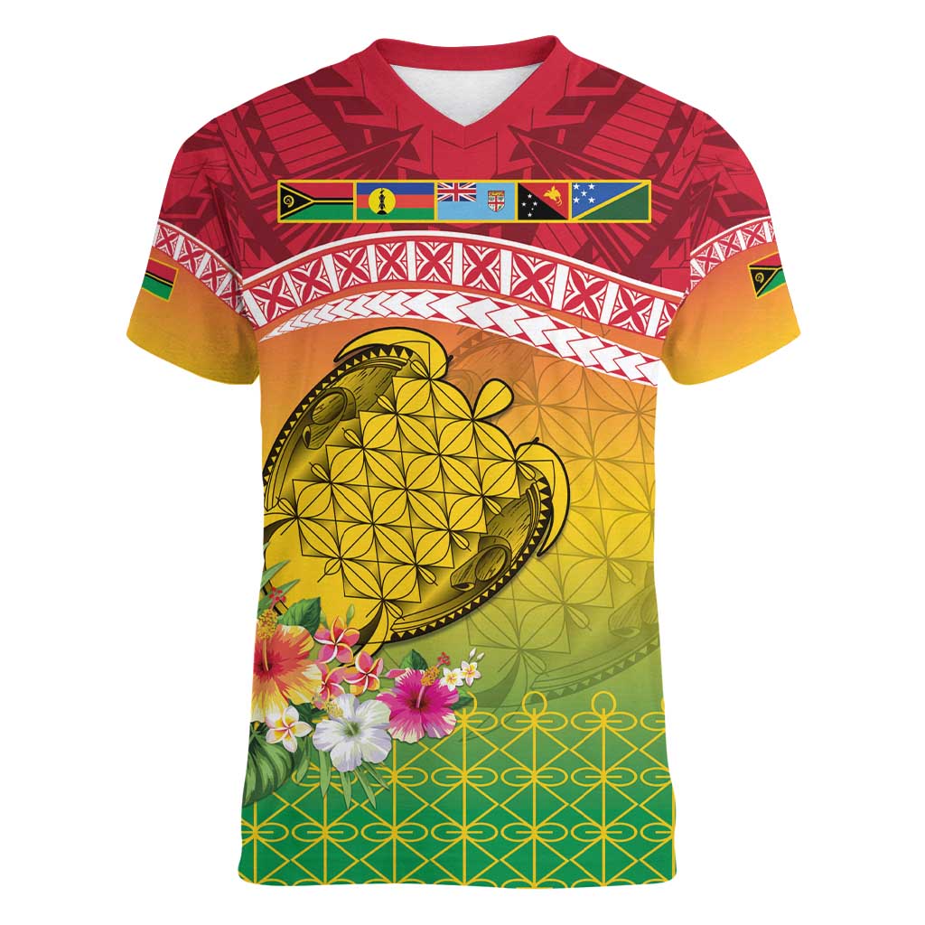 Melanesian Ni-Vanuatu Women V-Neck T-Shirt Sea Turtle with Sand Drawing Pattern LT9 Female Reggae - Polynesian Pride