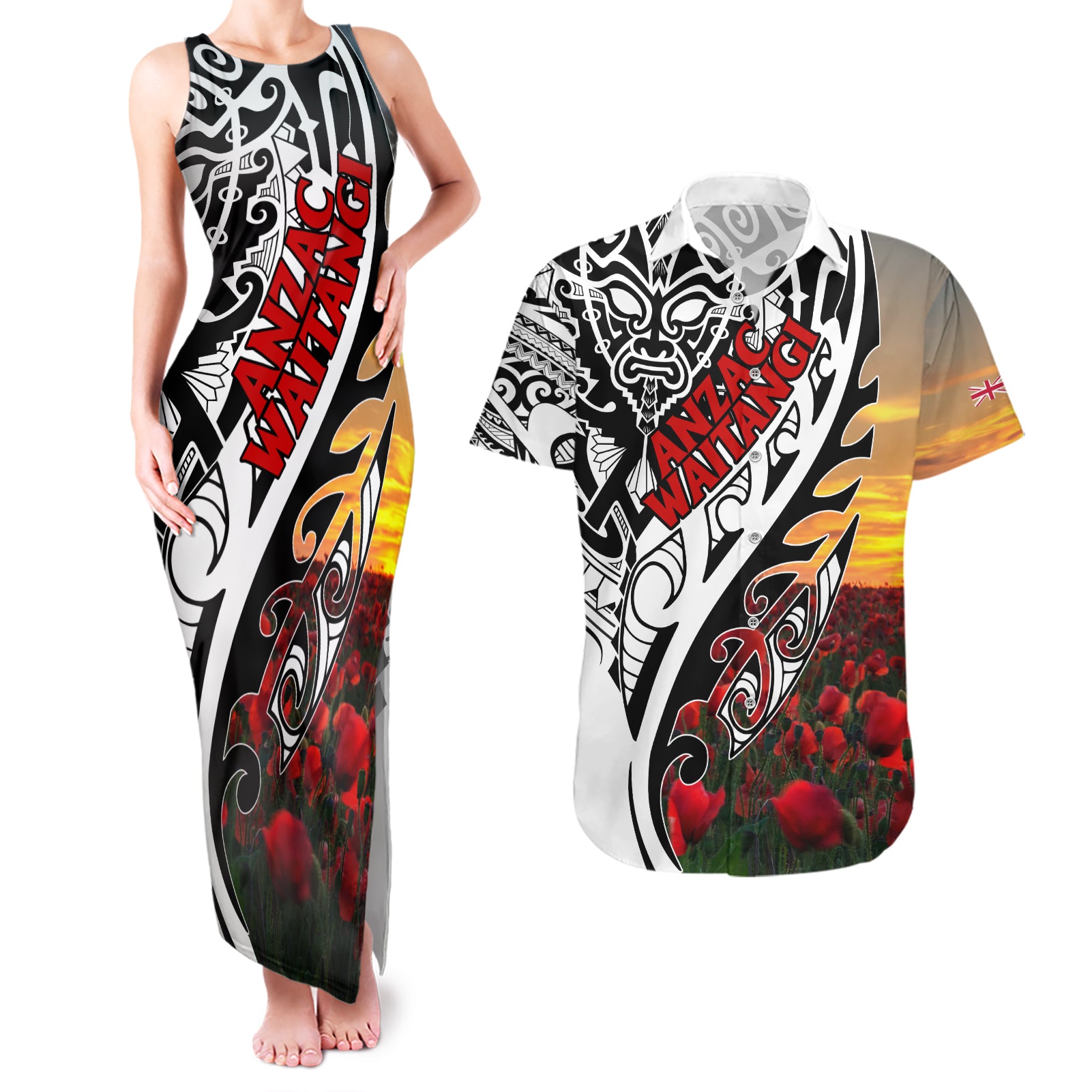 Personalised New Zealand Waitangi and ANZAC day Couples Matching Tank Maxi Dress and Hawaiian Shirt LT9 White - Polynesian Pride