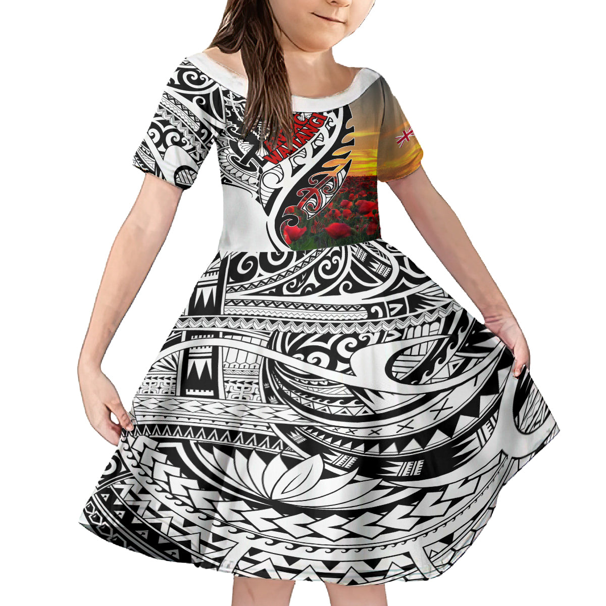 Personalised New Zealand Waitangi and ANZAC day Kid Short Sleeve Dress LT9 KID White - Polynesian Pride