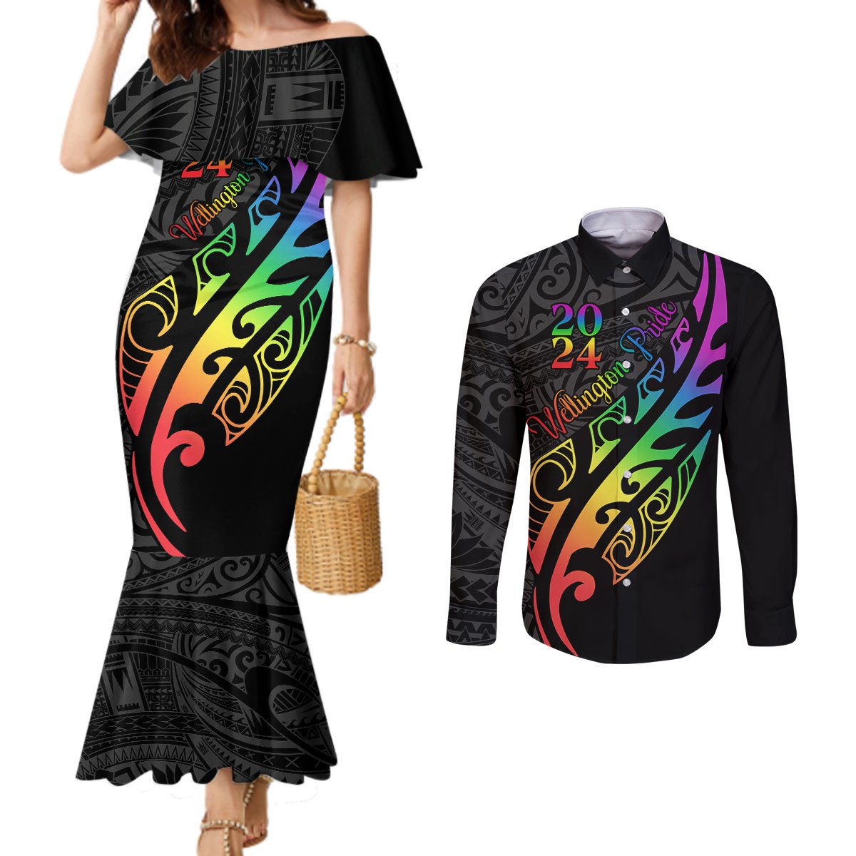 Personalised New Zealand Wellington Pride Couples Matching Mermaid Dress and Long Sleeve Button Shirt Maori Fern with Pride Flag 2024 LT9 Black - Polynesian Pride