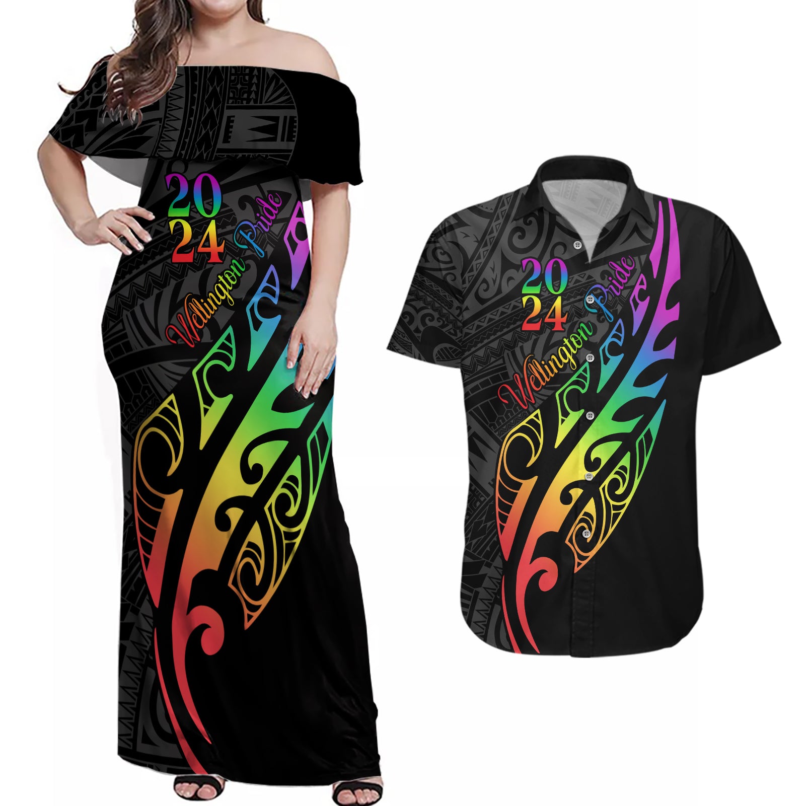 Personalised New Zealand Wellington Pride Couples Matching Off Shoulder Maxi Dress and Hawaiian Shirt Maori Fern with Pride Flag 2024 LT9 Black - Polynesian Pride