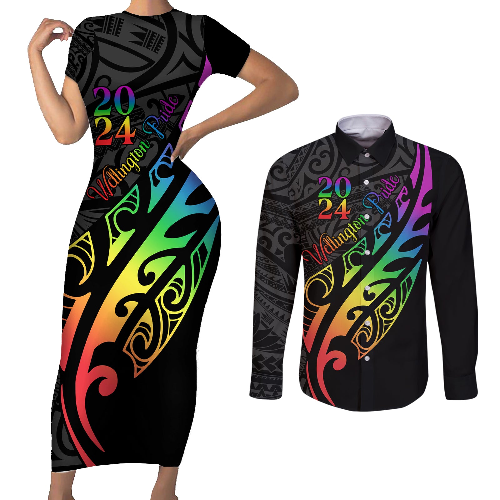 Personalised New Zealand Wellington Pride Couples Matching Short Sleeve Bodycon Dress and Long Sleeve Button Shirt Maori Fern with Pride Flag 2024 LT9 Black - Polynesian Pride