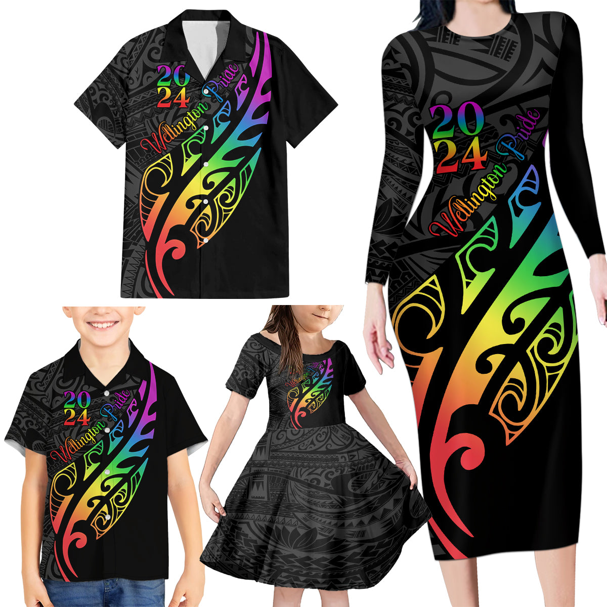 Personalised New Zealand Wellington Pride Family Matching Long Sleeve Bodycon Dress and Hawaiian Shirt Maori Fern with Pride Flag 2024 LT9 - Polynesian Pride