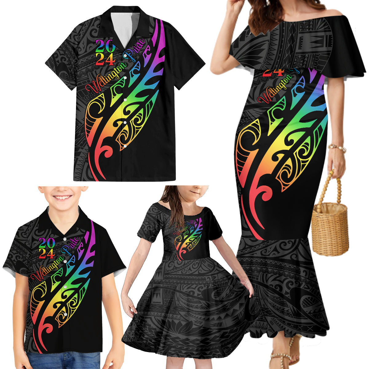 Personalised New Zealand Wellington Pride Family Matching Mermaid Dress and Hawaiian Shirt Maori Fern with Pride Flag 2024 LT9 - Polynesian Pride