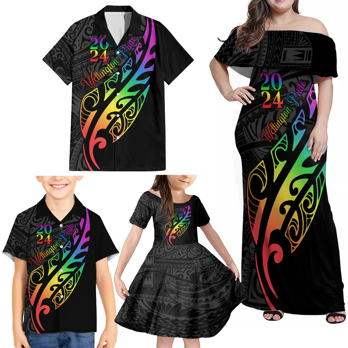 Personalised New Zealand Wellington Pride Family Matching Off Shoulder Maxi Dress and Hawaiian Shirt Maori Fern with Pride Flag 2024 LT9 - Polynesian Pride