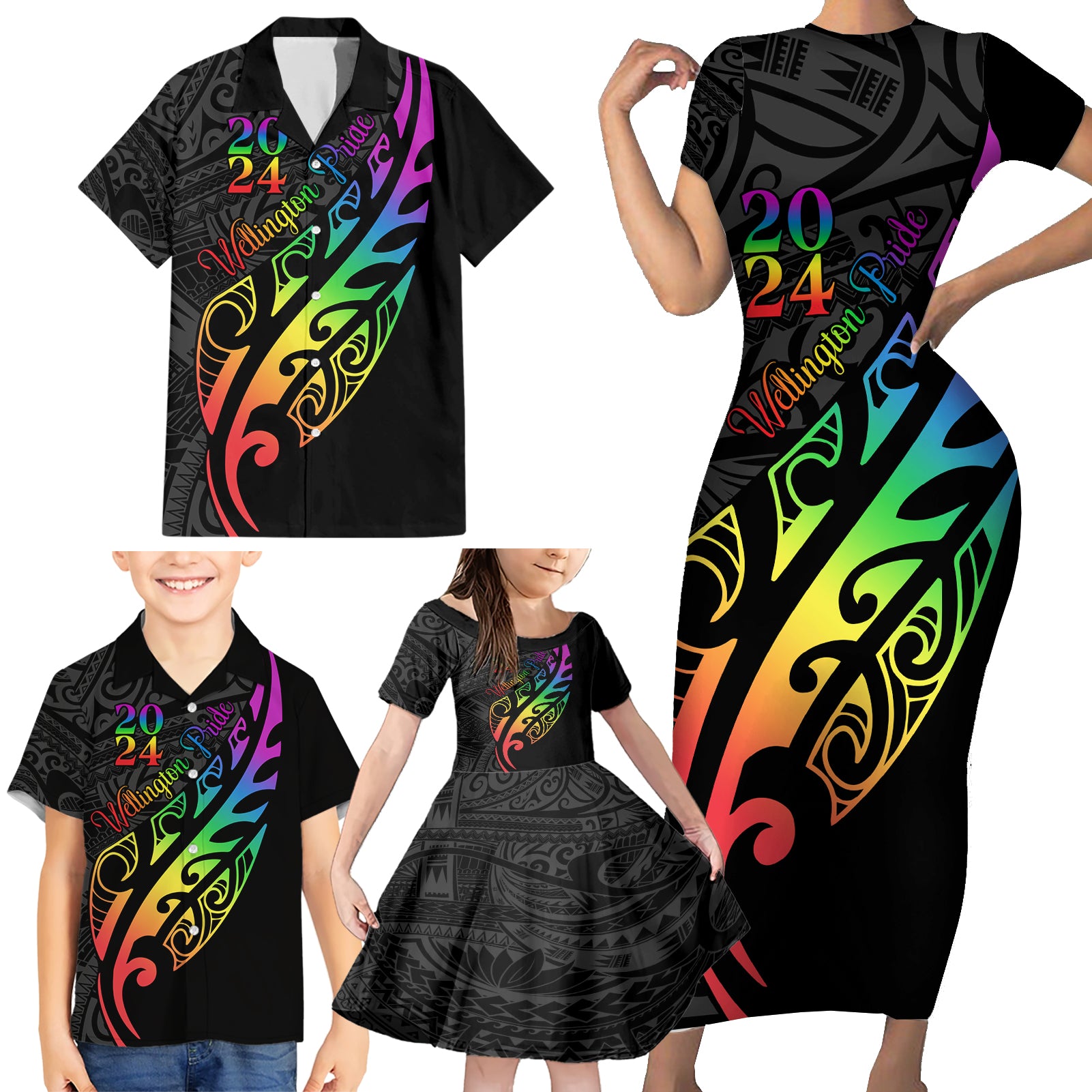 Personalised New Zealand Wellington Pride Family Matching Short Sleeve Bodycon Dress and Hawaiian Shirt Maori Fern with Pride Flag 2024 LT9 - Polynesian Pride